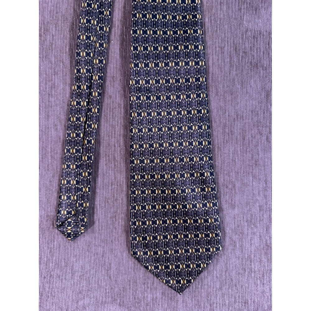 Rene Chagal Mens Silk Tie Navy Blue Gold Geometric Italian Design Necktie